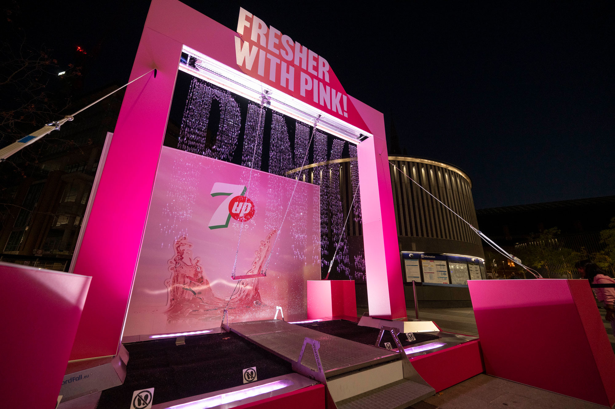 7UP Pink waterfall swing activation at King’s Cross